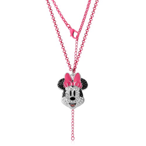 Disney Pave Crystal Minnie Mouse Necklace With Pink Chain, 16"+3" In Multi