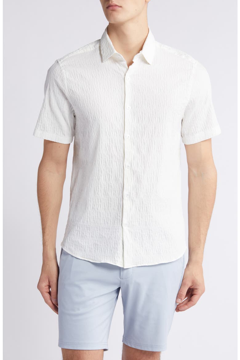 Calyx Cotton Blend Jacquard Short Sleeve Button-Up Shirt, Main, color, WHITE