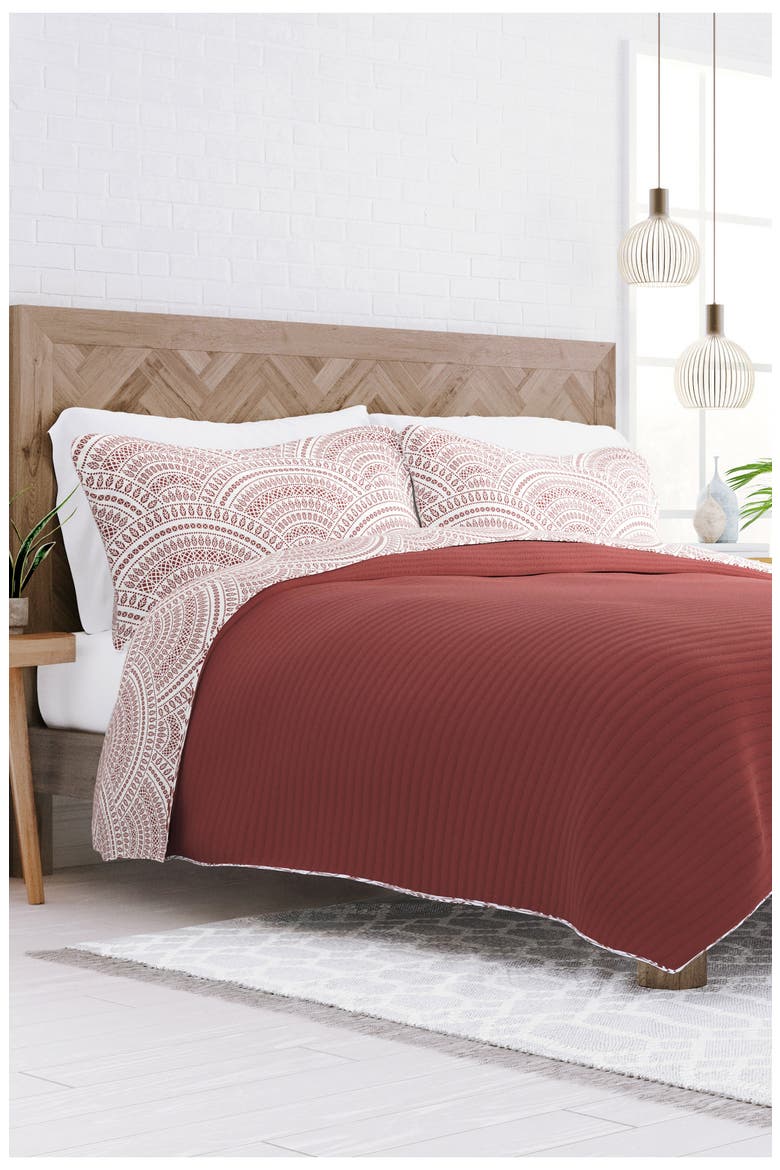 All Season Scalloped 3-Piece Down Alternative Reversible Quilt Set, Alternate, color, TERRACOTTA