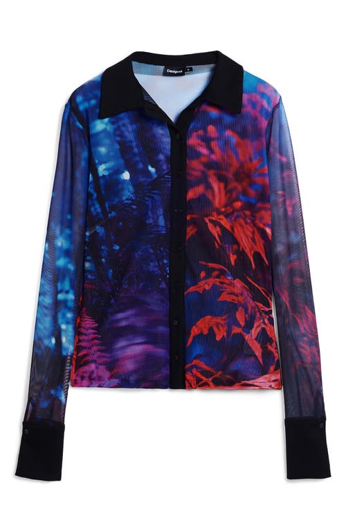 Desigual Rib Trim Mesh Button-up Shirt In Blue