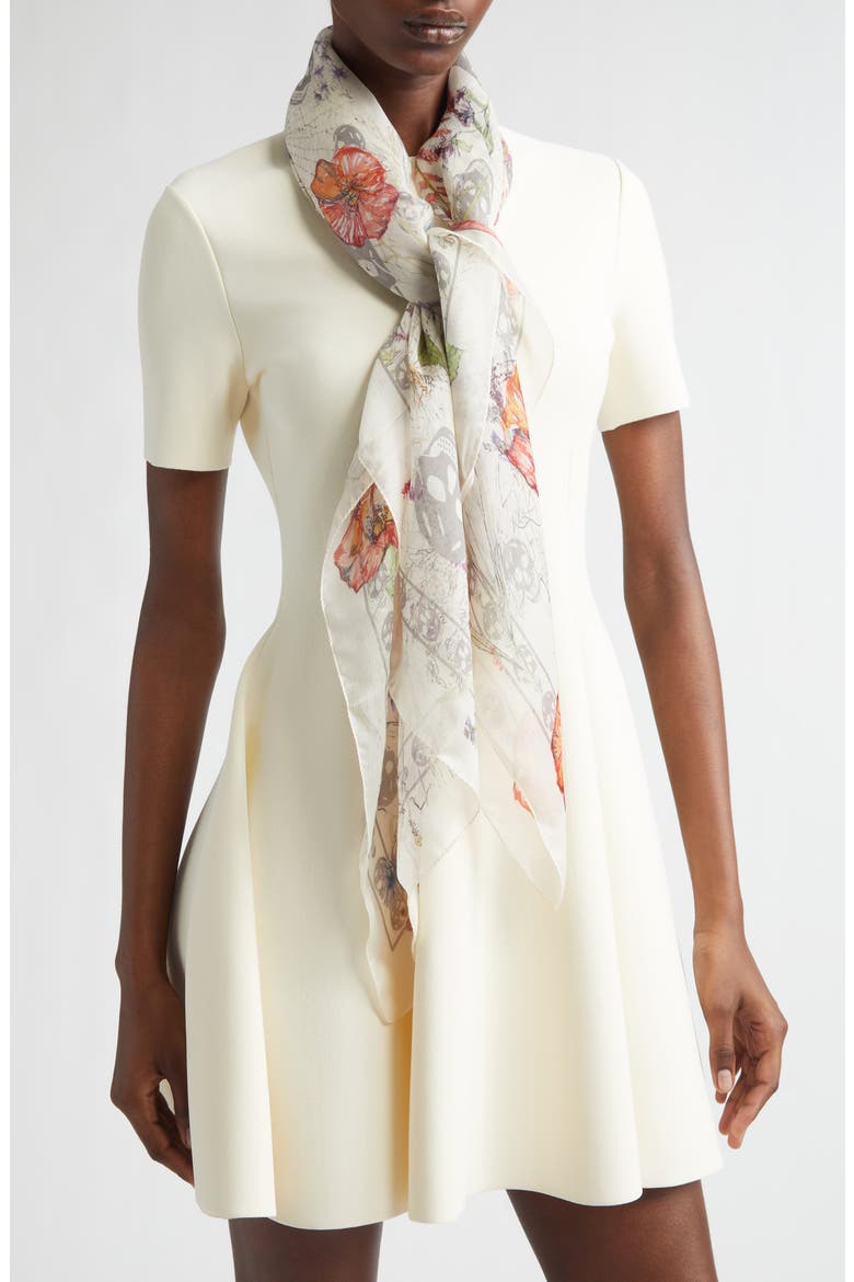 Spider Floral Silk Twill Chiffon Scarf, Alternate, color, IVORY/ MEDIUM GREY