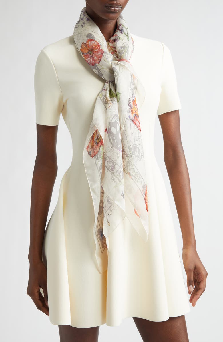 McQueen Spider Floral Silk Twill Chiffon Scarf, Alternate, color, Ivory/ Medium Grey