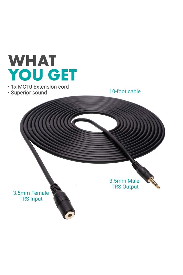 MC10 3.5mm TRS Female to Male Extension Cable - 10ft, Alternate, color, Black