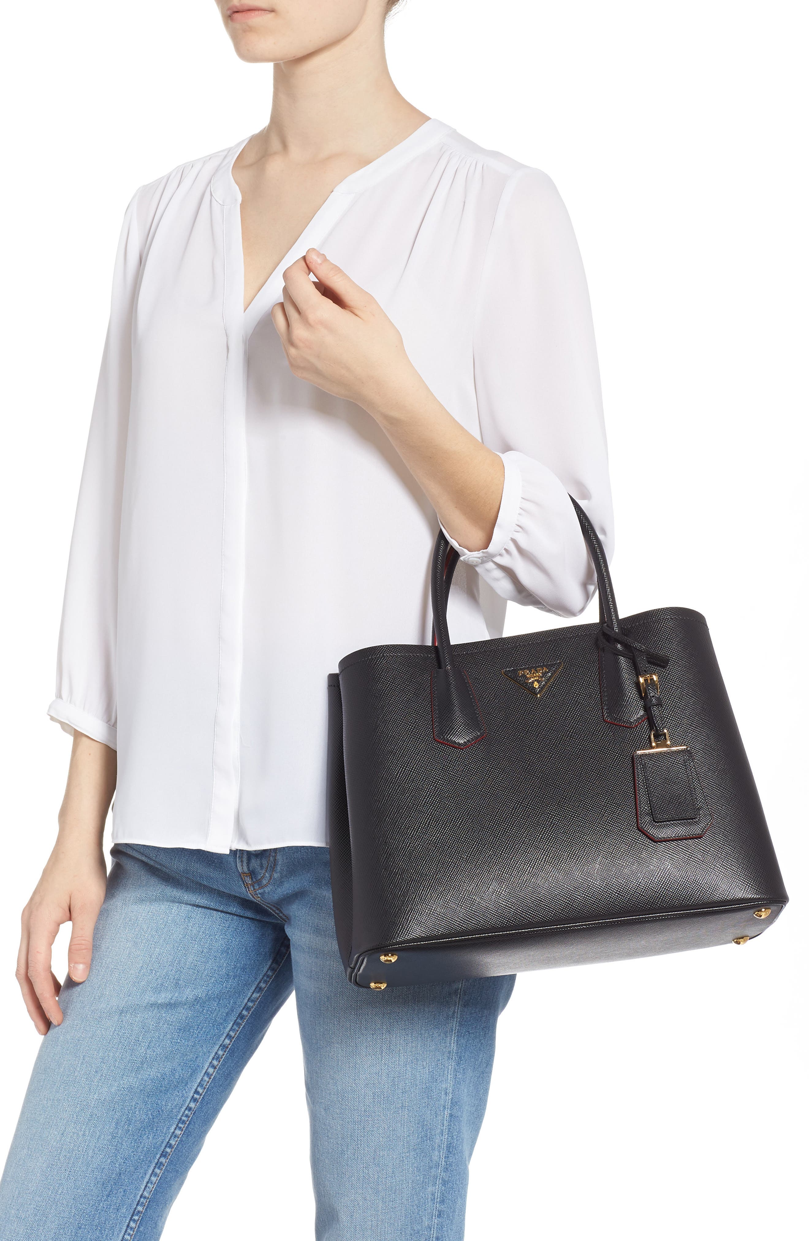 Double Medium Saffiano Leather Tote, Alternate, color, NERO/FUOCO