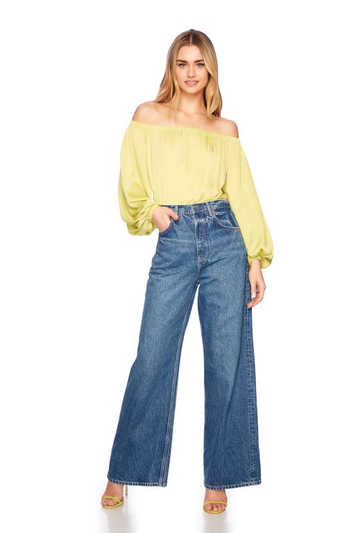 Susana Monaco Off The Shoulder Matte Satin Blouson Bodysuit In Celery