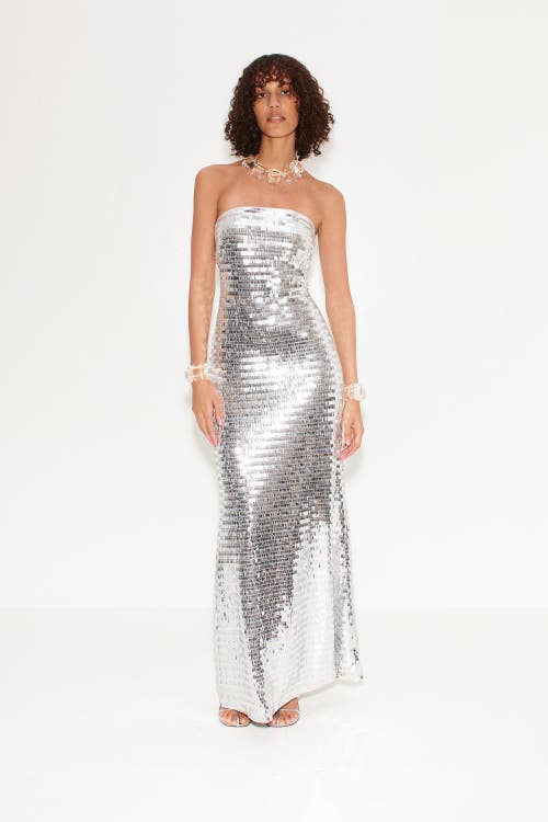 Simonmiller Silver Sculpty Strapless Sequin Maxi Dress In Satellite Silver