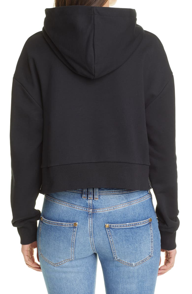Balmain Flocked Logo Crop Hoodie, Alternate, color, 