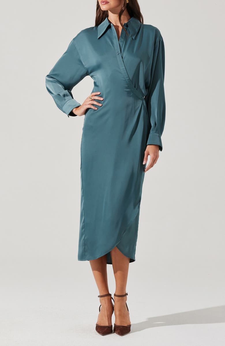 ASTR the Label Ira Long Sleeve Satin Shirtdress, Main, color, Dark Sage