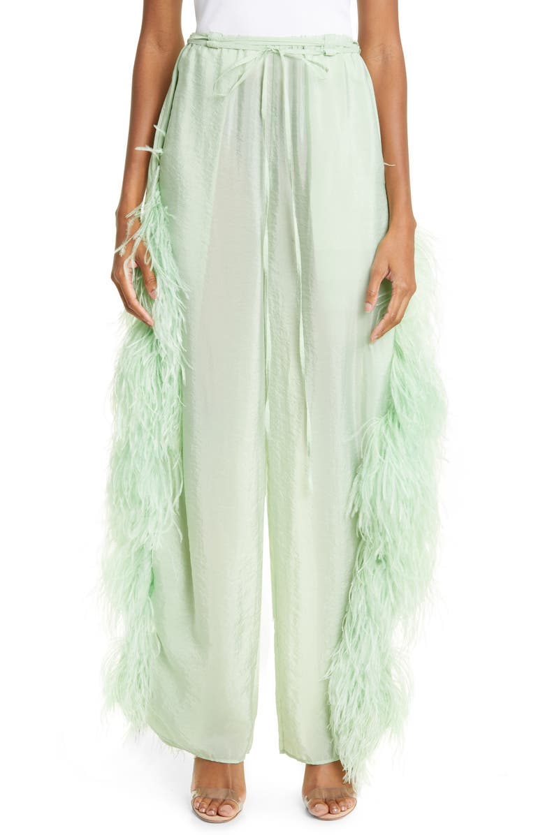 LAPOINTE Ostrich Feather Trim Textured Sheer Cupro Blend Pants, Main, color,