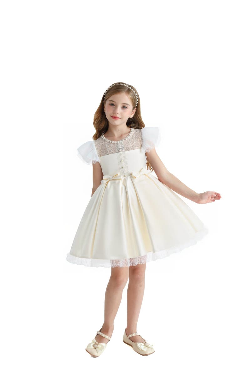 Tulleen Lace-Trim Puff Sleeve Dress, Main, color, Ivory