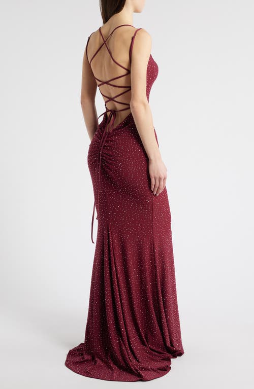 Jump Apparel Rhinestone Strappy Gown In Wine