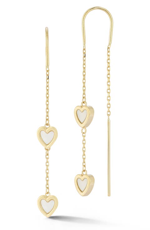 14K Gold Mother-of-Pearl Heart Threader Earrings