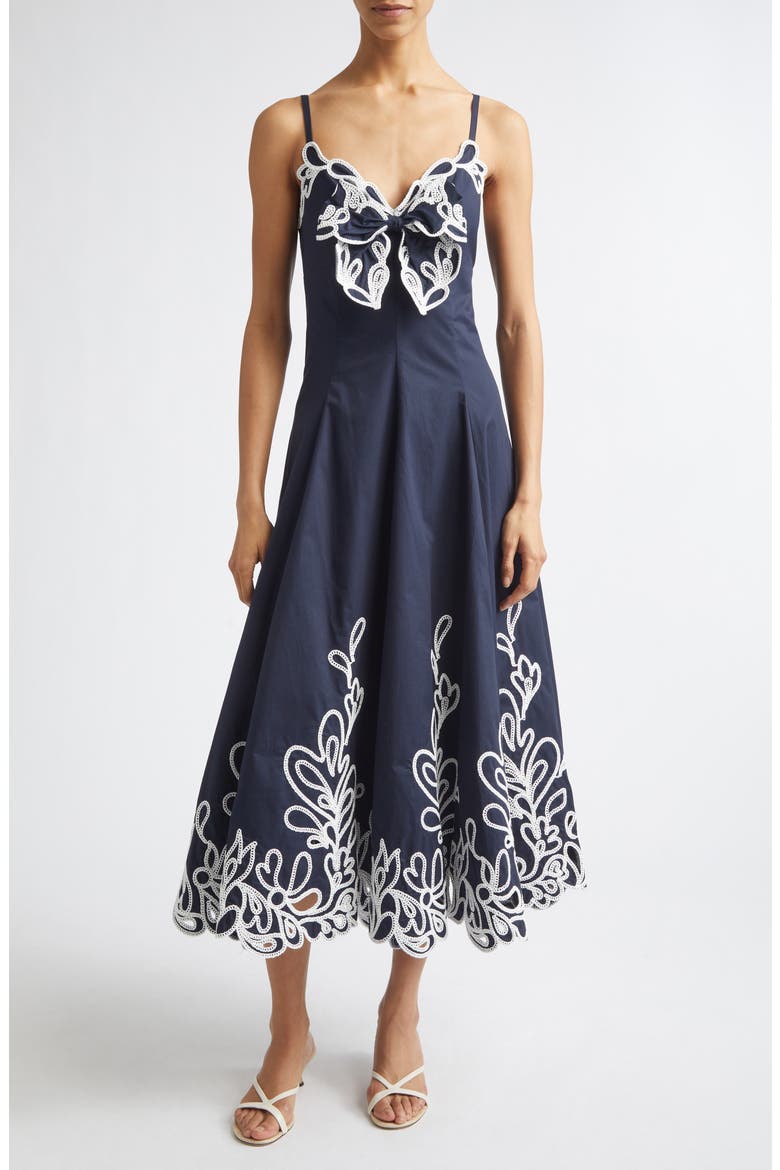 Embroidered Paisley Bloom Detail Cotton Dress, Alternate, color, NAVY/WHITE