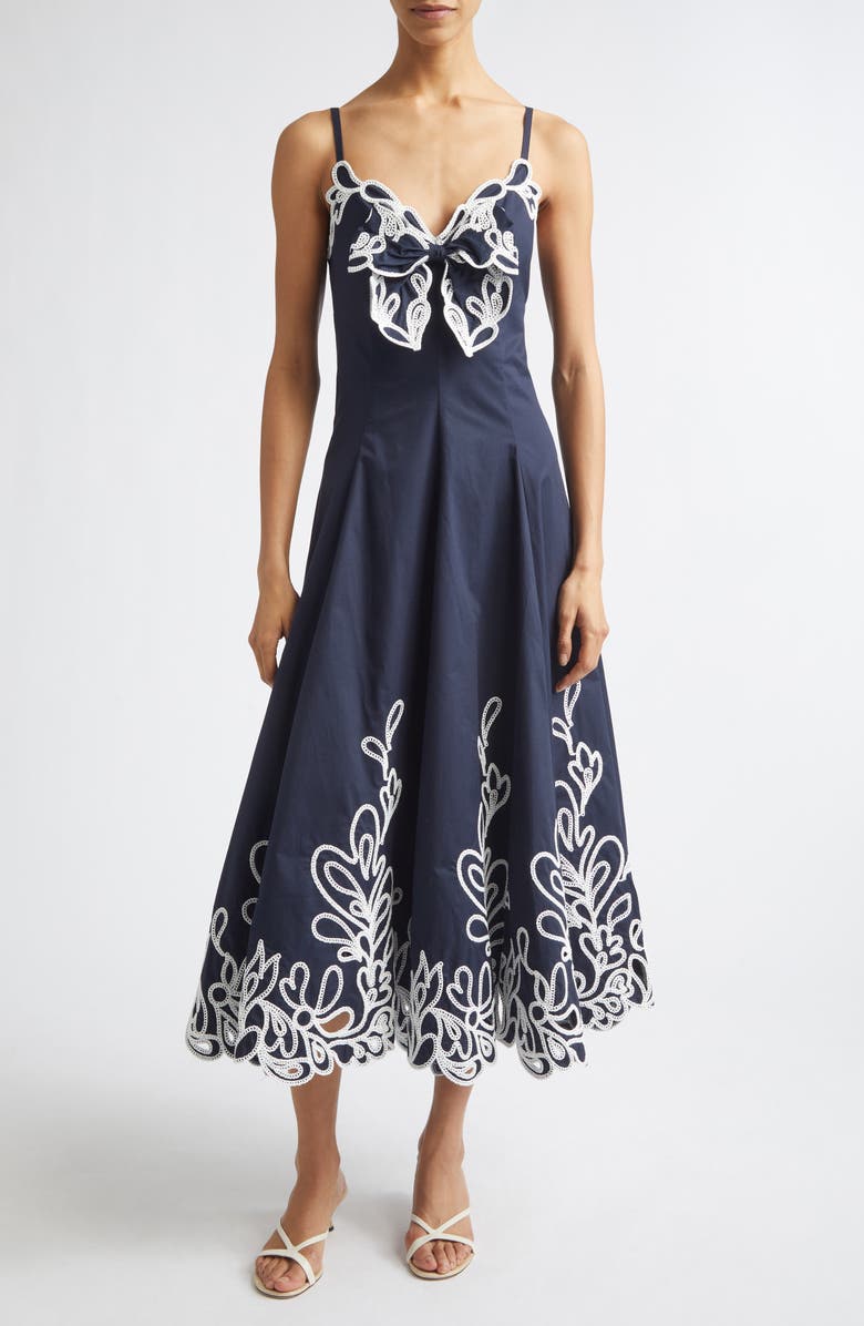 Cinq à Sept Embroidered Paisley Bloom Detail Cotton Dress, Alternate, color, Navy/White