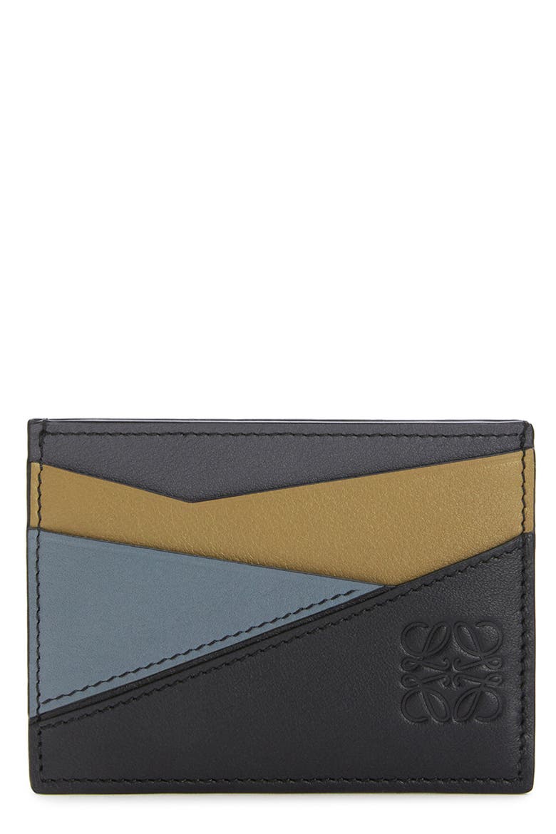 Puzzle Leather Card Holder, Main, color, OCHRE GREEN/ STORM BLUE