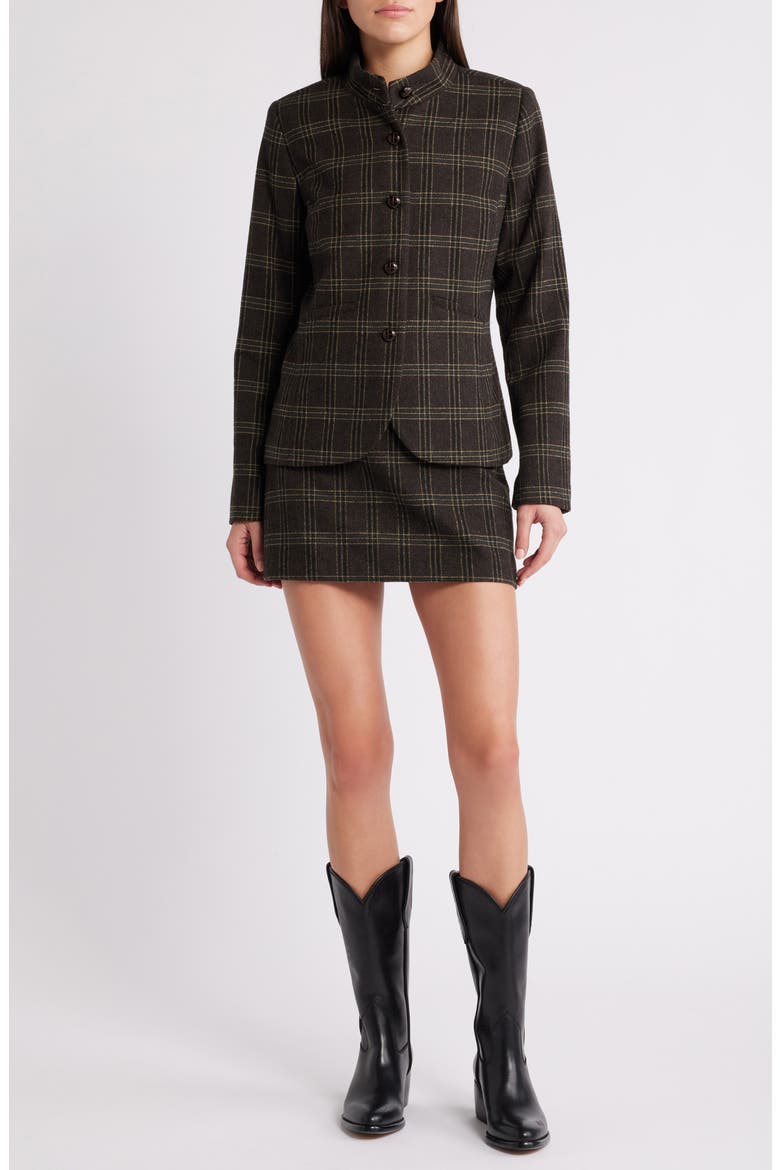 Plaid Stand Collar Blazer, Alternate, color, BROWN- BLACK PLAID