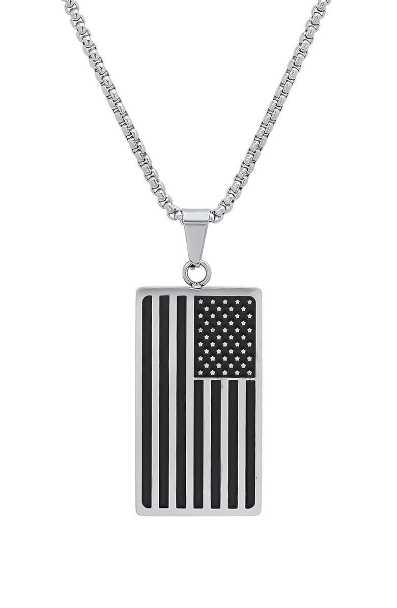 HMY JEWELRY Men's Stainless Steel American Flag Pendant Necklace, Main, color, Metallic/ Black