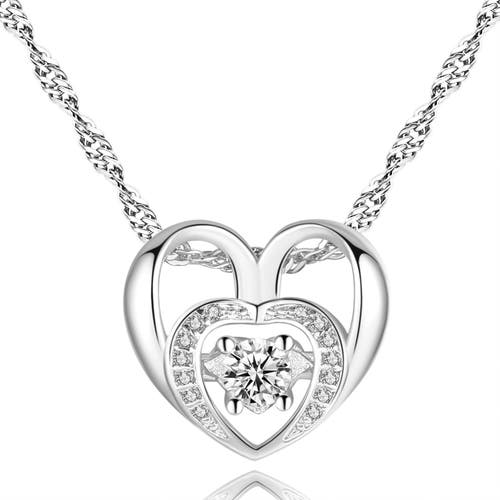 Hollywood Sensation White Gold Double Heart Necklace With Cubic Zirconia Necklace In Silver