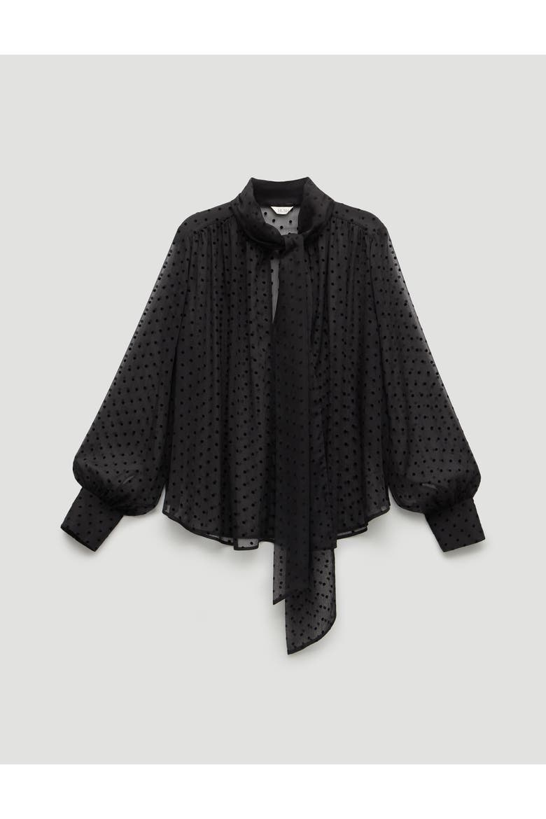Tie Neck Flocked Spot Blouse, Alternate, color, Black