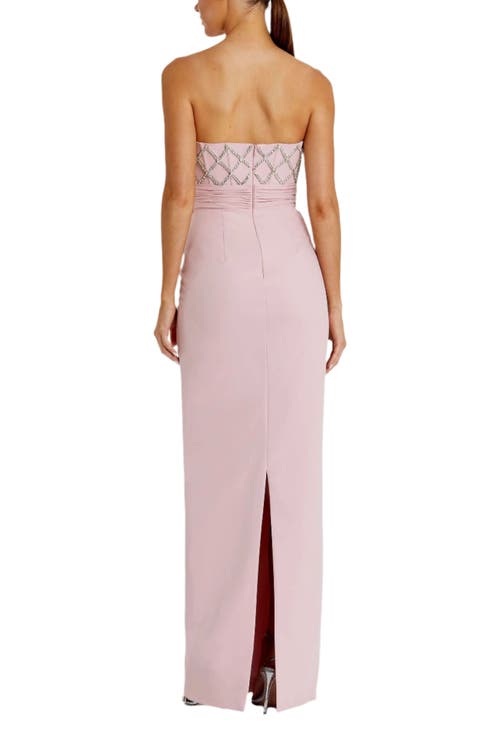 Mac Duggal Strapless Crepe Embellished Bustier Gown With Bow In Rose