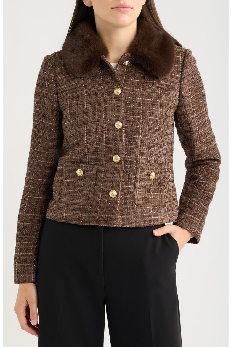 Faux Fur Collar Boucle Cropped Jacket, Main, color, ESPRESSO