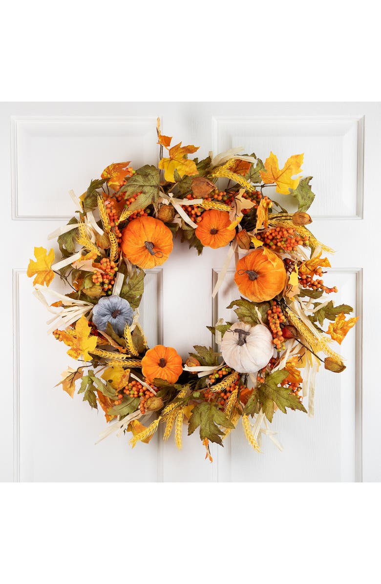 Northlight Velvet Pumpkins and Wheat Artificial Fall Harvest Wreath - 24", Alternate, color, Orange