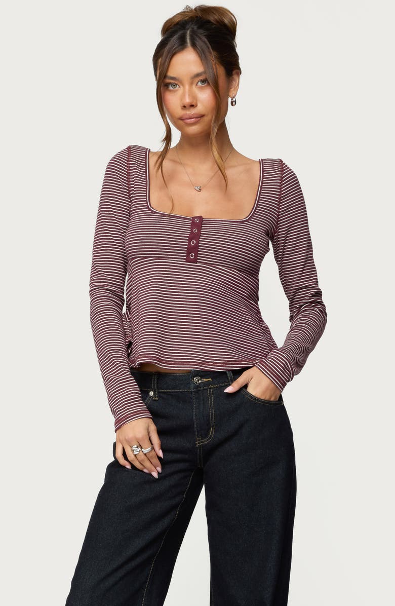 EDIKTED Sare Stripe Baby Doll Henley, Alternate, color, Burgundy