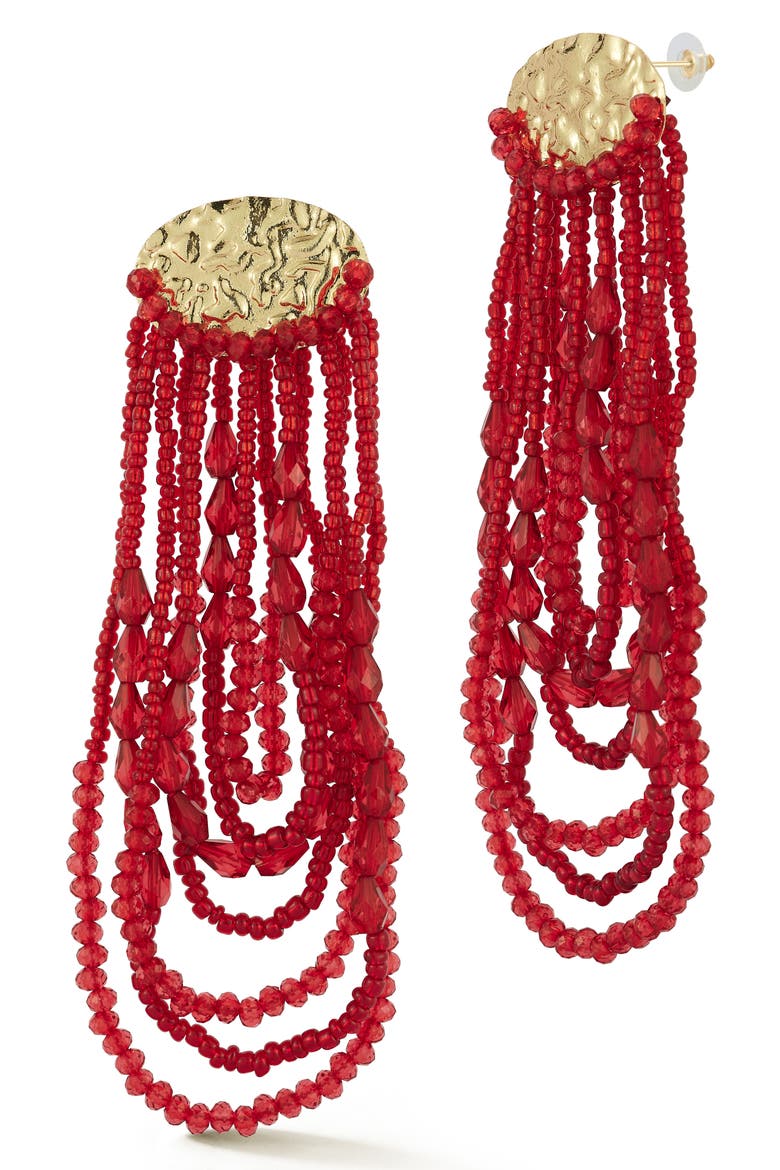 Beaded Fringe Drop Earrings, Main, color, GOLD/RED