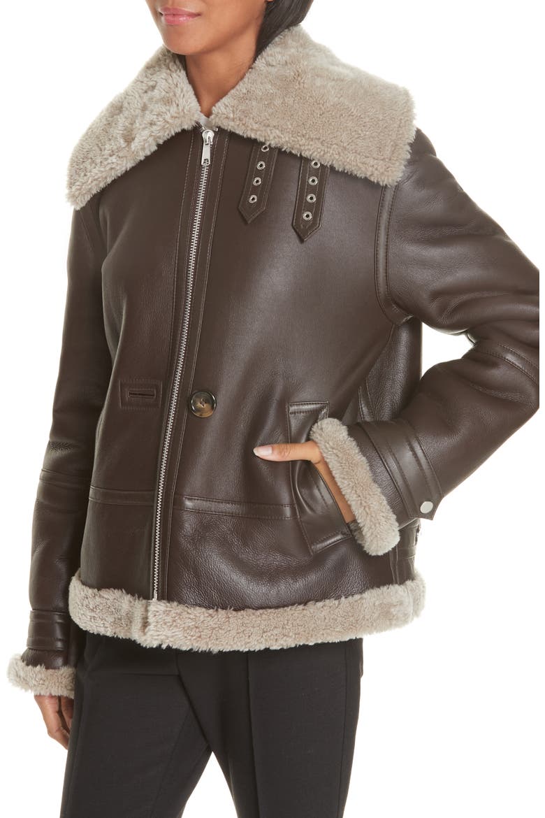 Genuine Shearling Aviator Jacket, Alternate, color, DARK WOOD