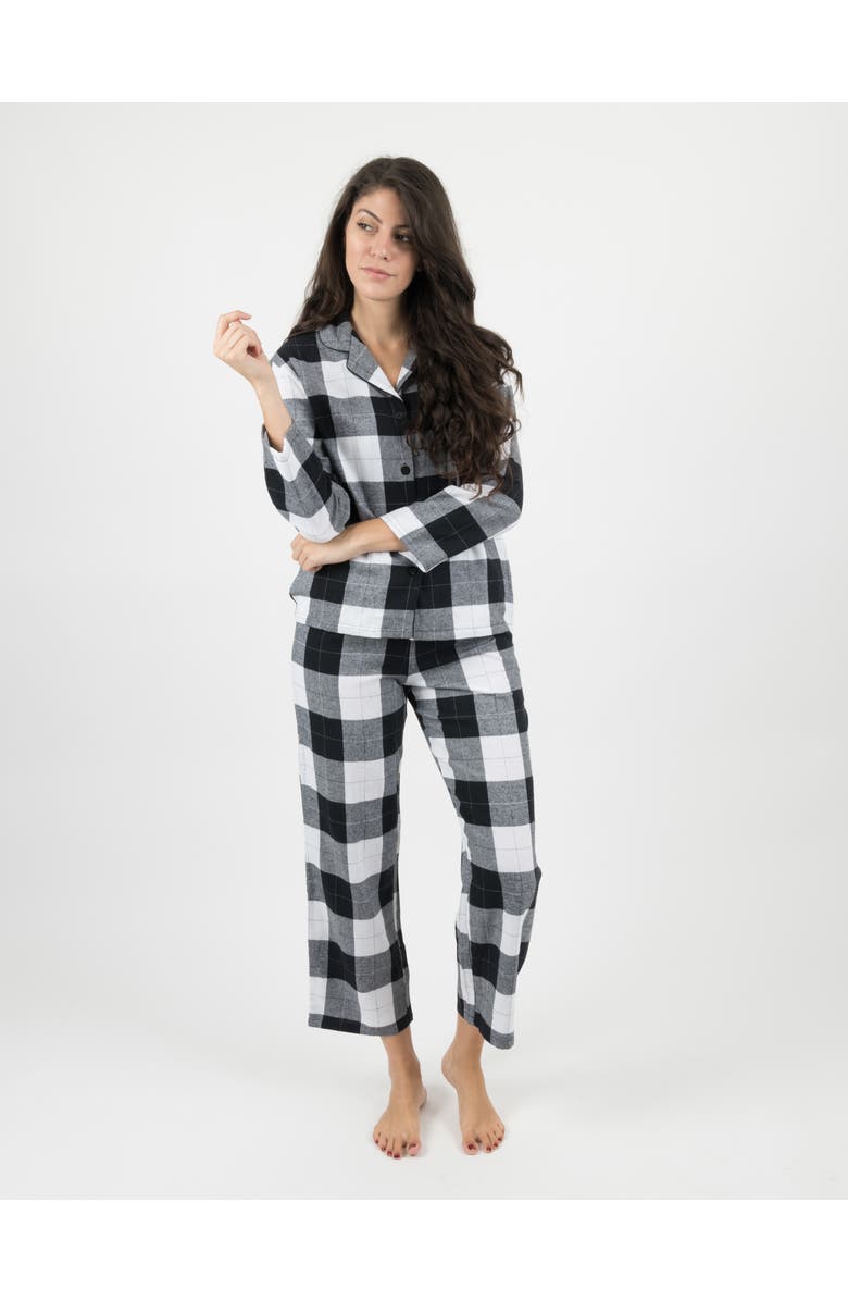Leveret Women's Cotton Flannel Printed Holiday Pajama Set, Main, color, Plaid Black & White