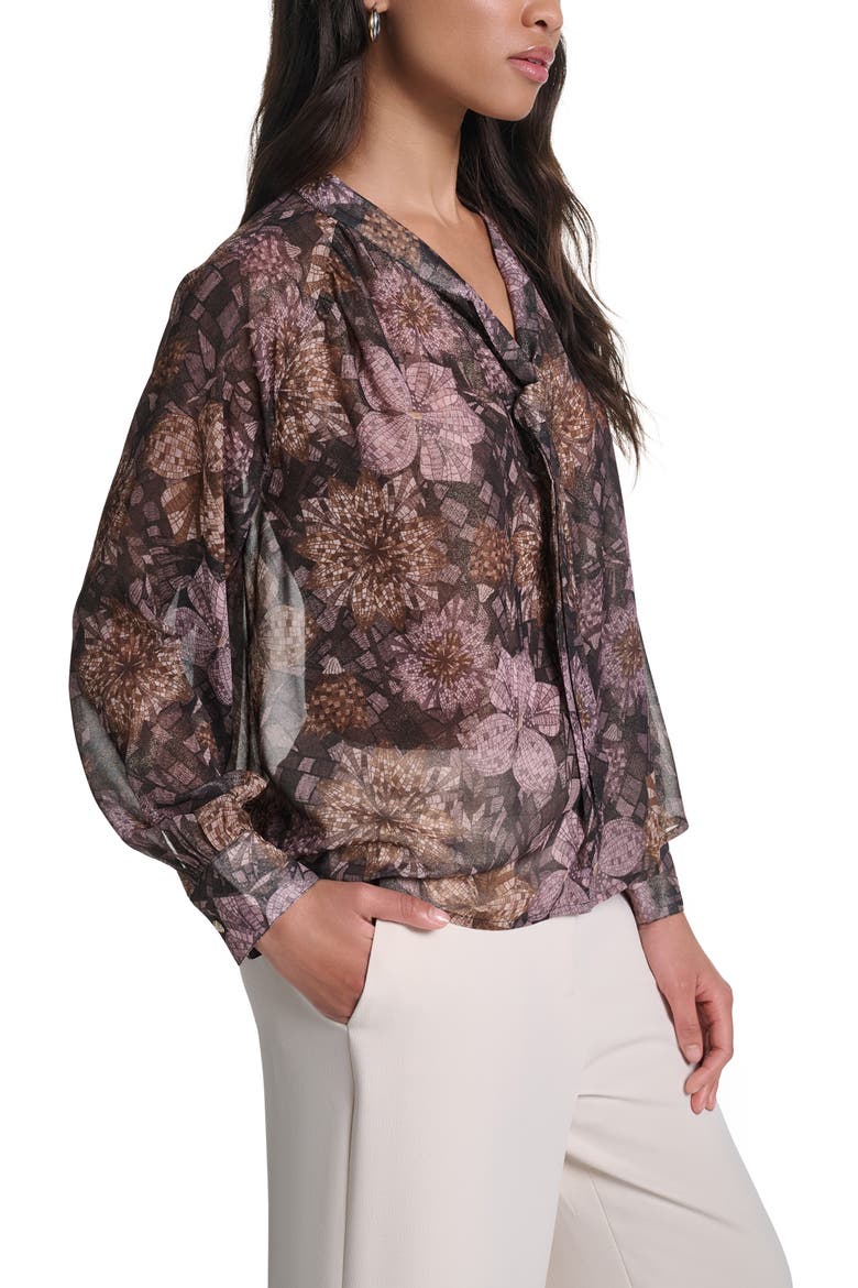 Foil Chiffon Tie Neck Top, Alternate, color, CHOCOLATE MULTI