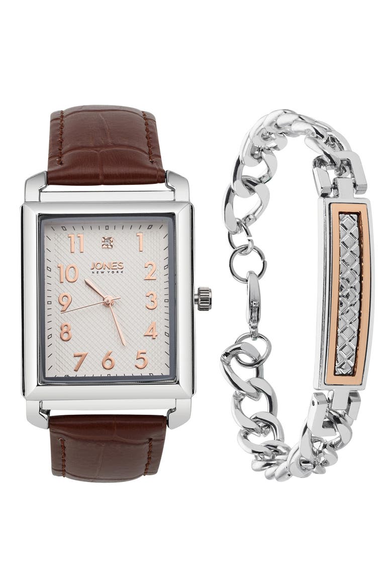 Diamond Accent Three-Hand Quartz Watch & ID Bracelet Set, Main, color, BROWN