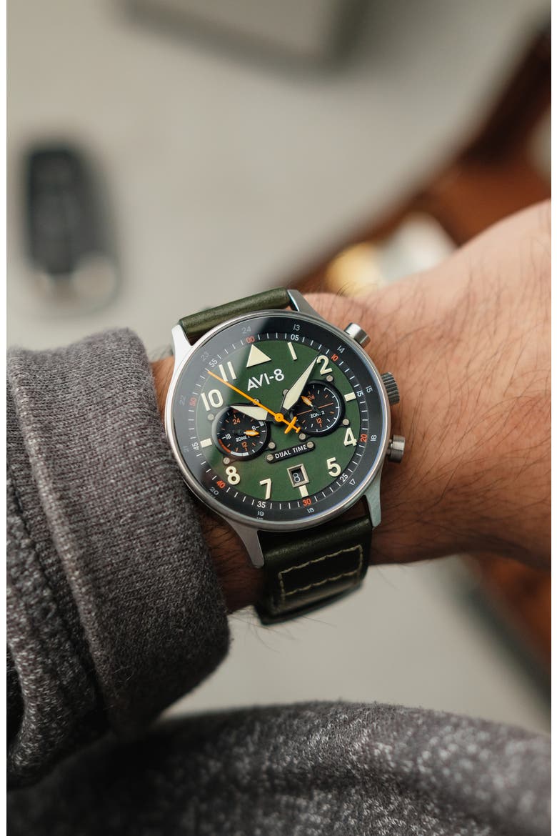 Hawker Hurricane Carey Chronograph Leather Strap Watch, 44mm, Alternate, color, GREEN