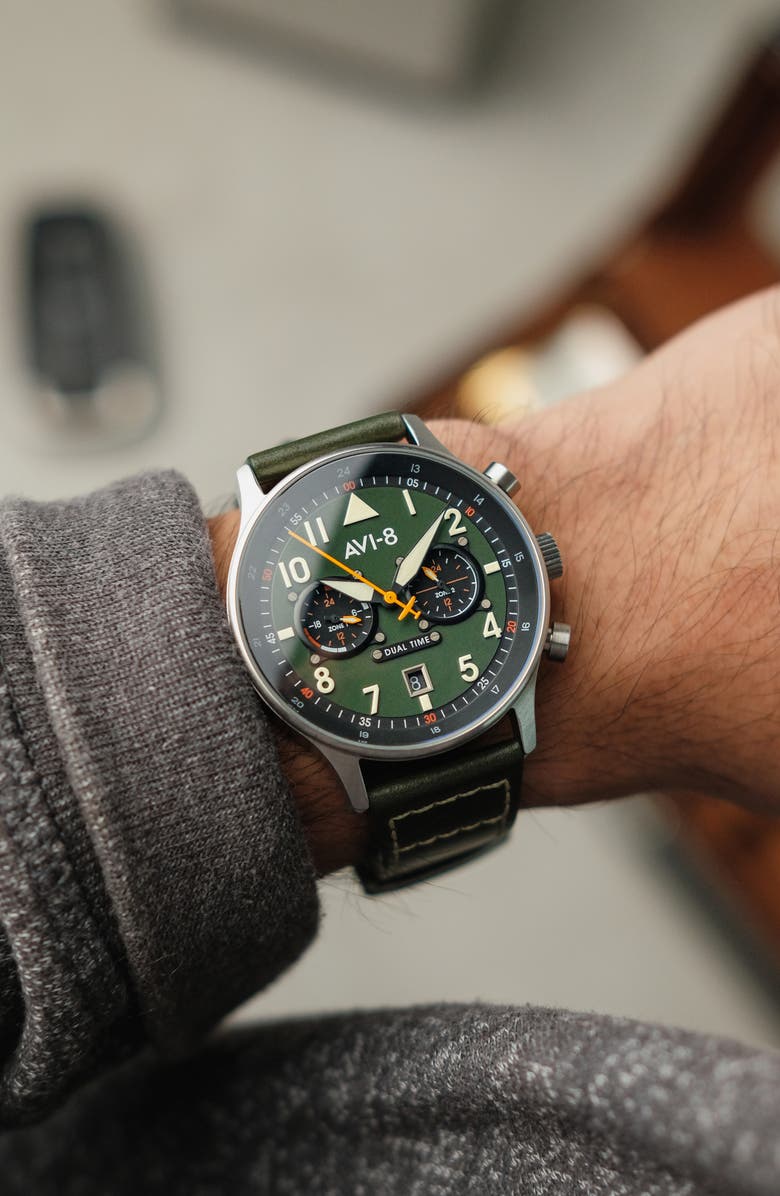 AVI-8 Hawker Hurricane Carey Chronograph Leather Strap Watch, 44mm, Alternate, color, Green