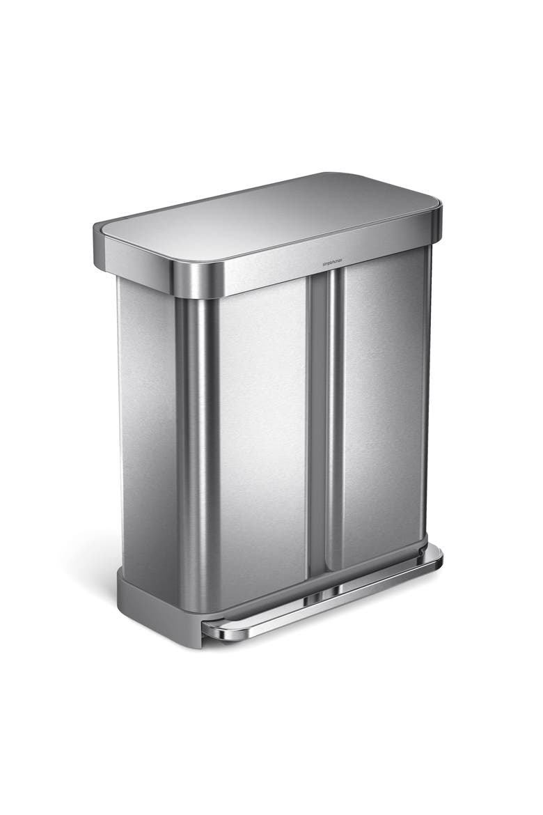 58L Dual Compartment Rectangular Step Trash Can, Main, color, BRUSHED