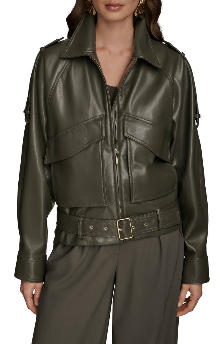 Donna Karan New York Belted Faux Leather Moto Jacket, Main, color, Dark Mineral