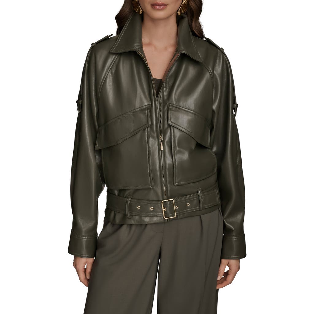 Donna Karan New York Belted Faux Leather Moto Jacket In Green