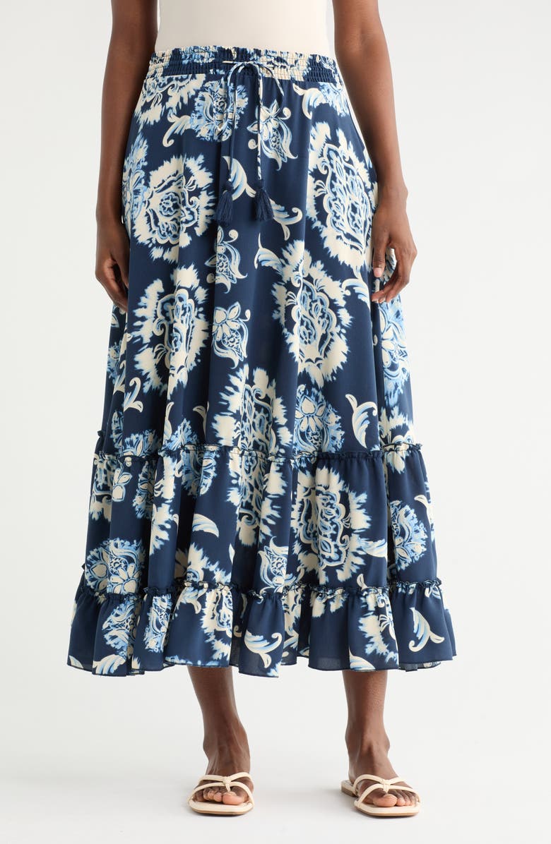 T Tahari Print Maxi Skirt, Main, color, Washed Blue Batik Print
