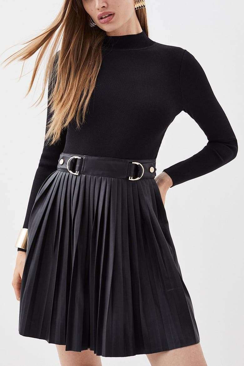 Knitted Top Pleated Skater Dress, Alternate, color, Black
