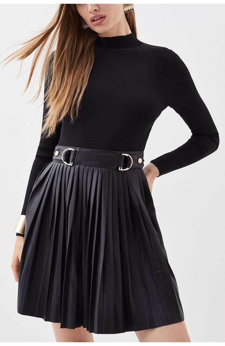 Karen Millen Knitted Top Pleated Skater Dress, Alternate, color, Black