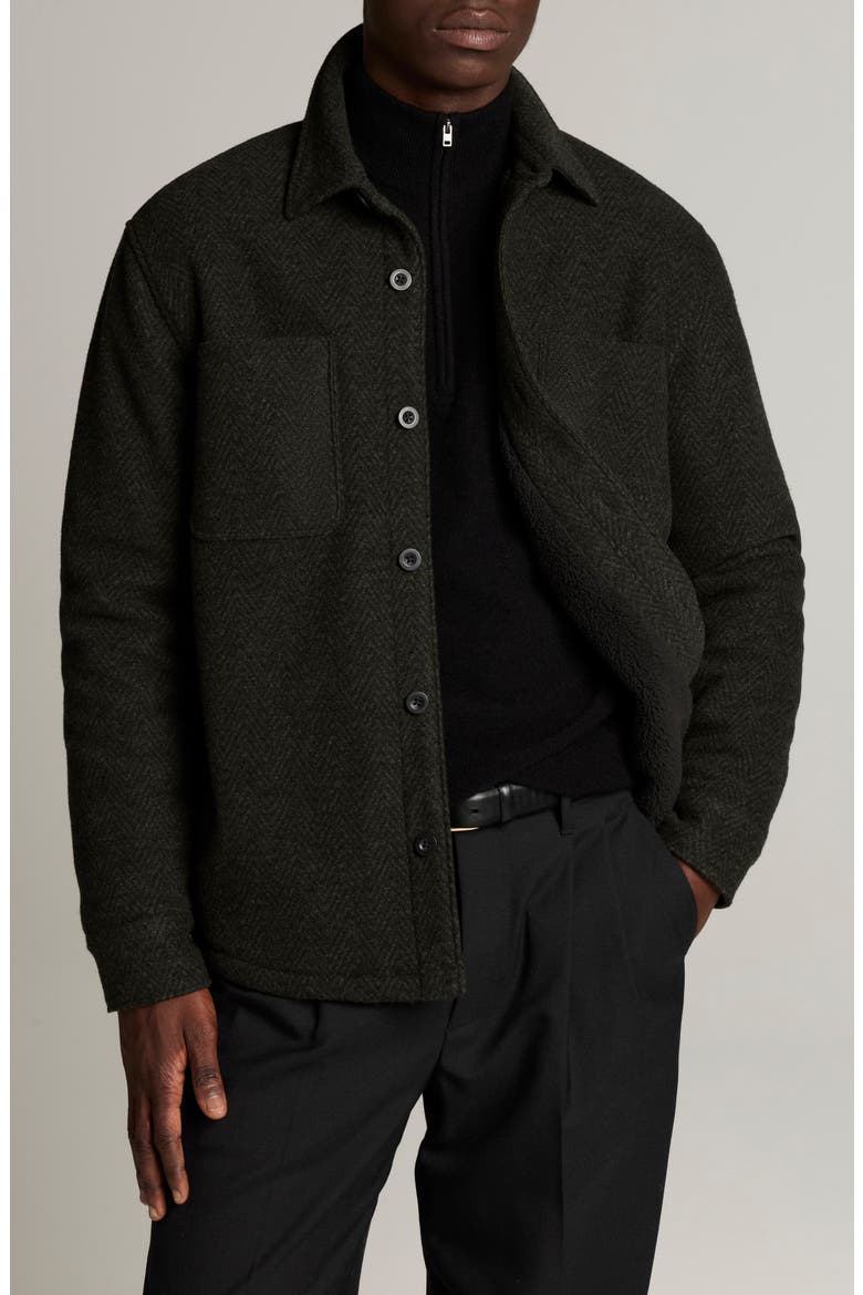 Herringbone Faux Shearling Lined Shirt Jacket, Main, color, BARRON GREEN/ BLACK