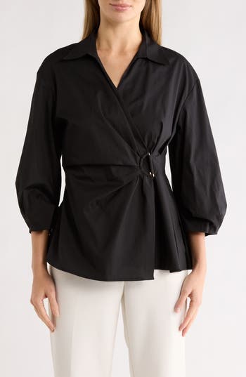Gemma + Jane Draped D-Ring Faux Wrap Top in Black at Nordstrom Rack, Size Large