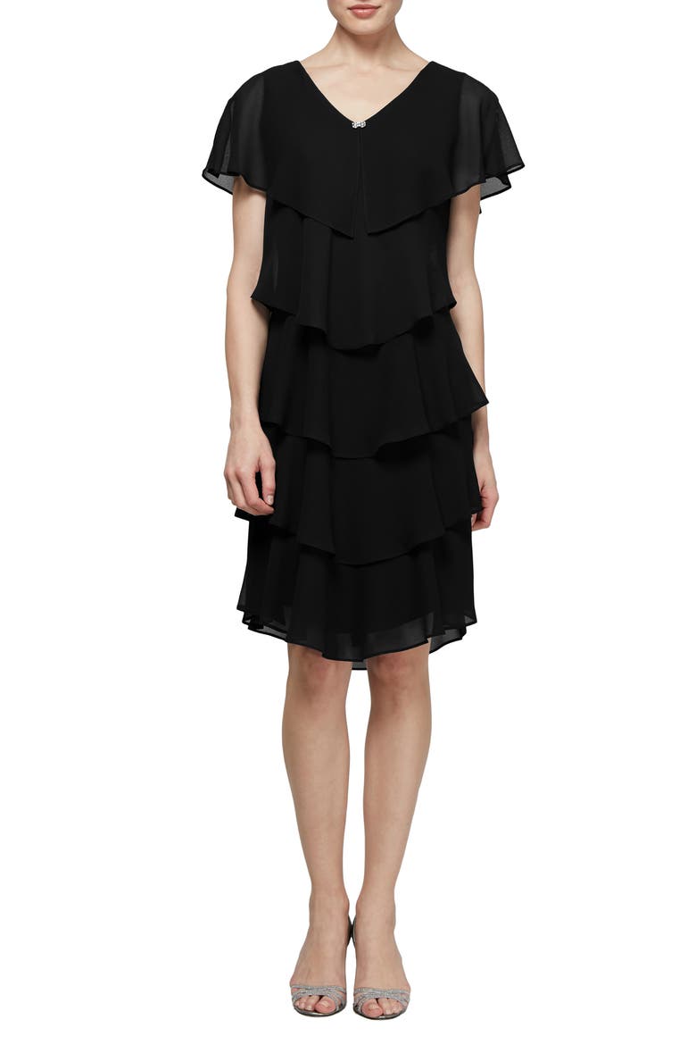 Cape Top Tiered Georgett Dress, Main, color, BLACK