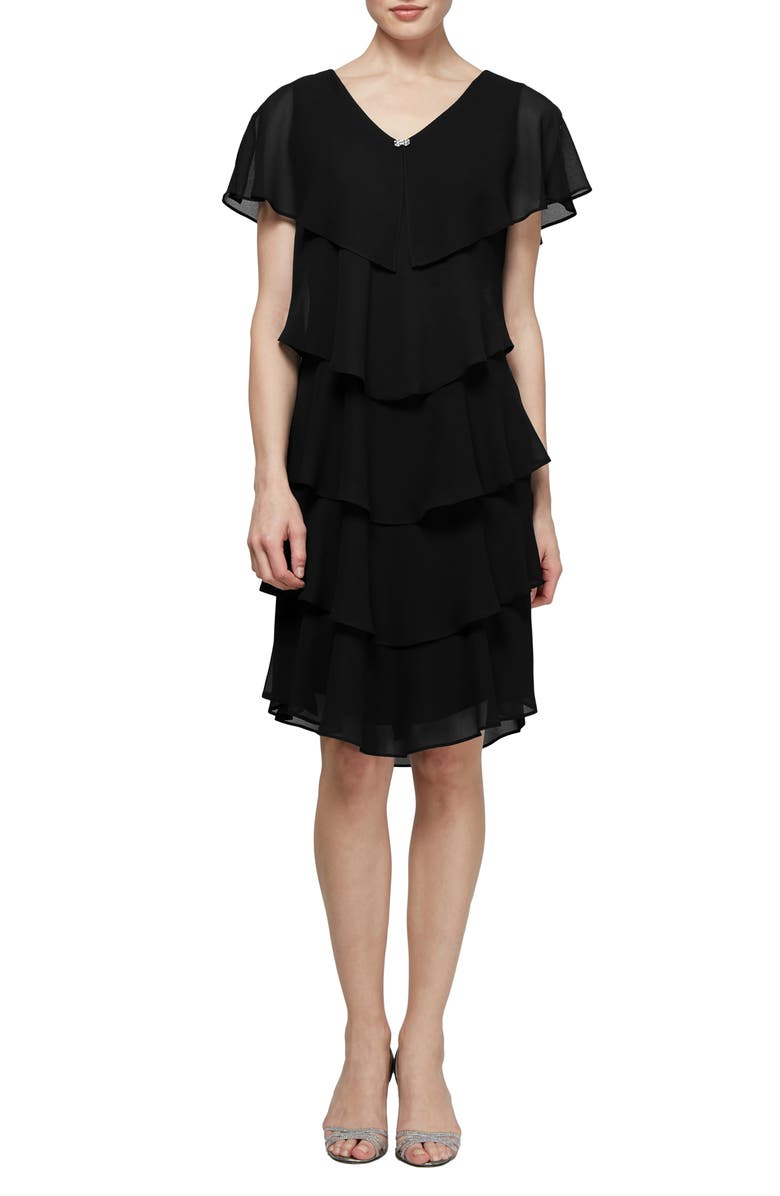 SL FASHIONS Cape Top Tiered Georgett Dress, Main, color, Black
