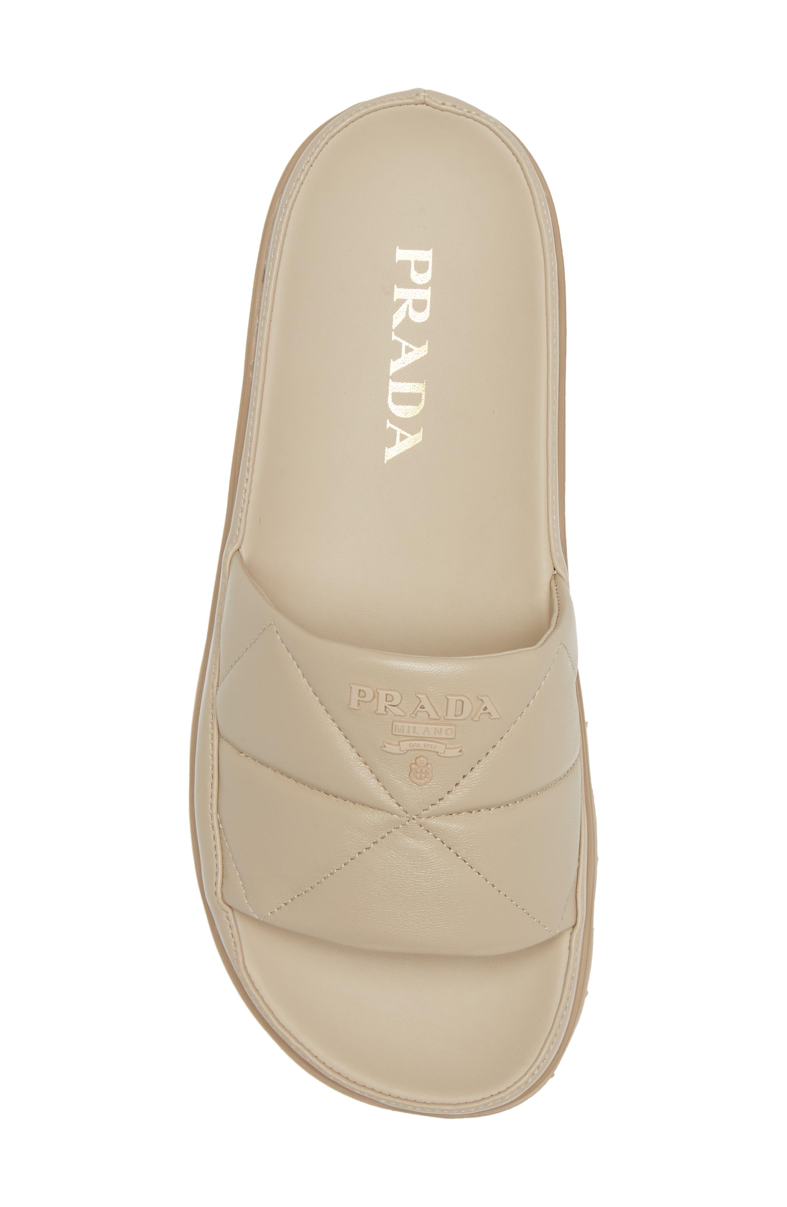 Prada Logo Matelassé Slide Sandal, Alternate, color, 