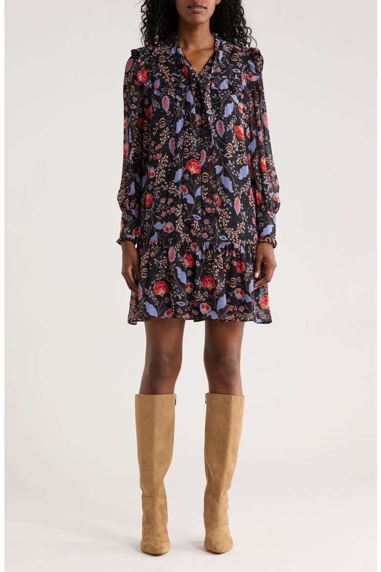 Tie Neck Long Sleeve Dress, Main, color, BLACK MULTI