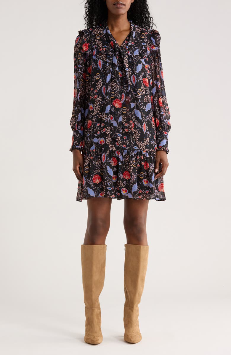 Julia Jordan Tie Neck Long Sleeve Dress, Main, color, Black Multi