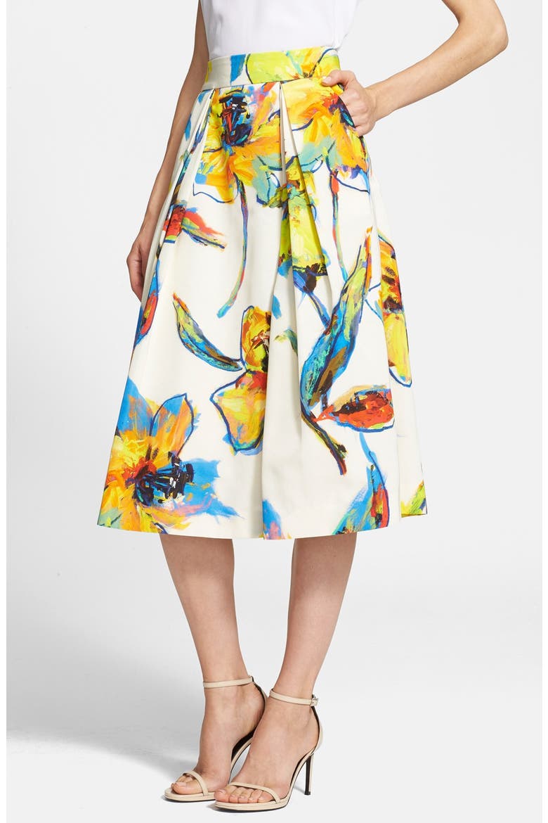 'Luna' Floral Print Pleated Midi Skirt, Main, color, WHITE