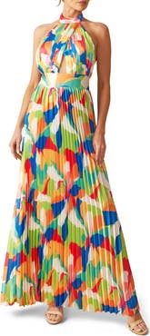 FLYING TOMATO Pleated Halter Neck Maxi Dress