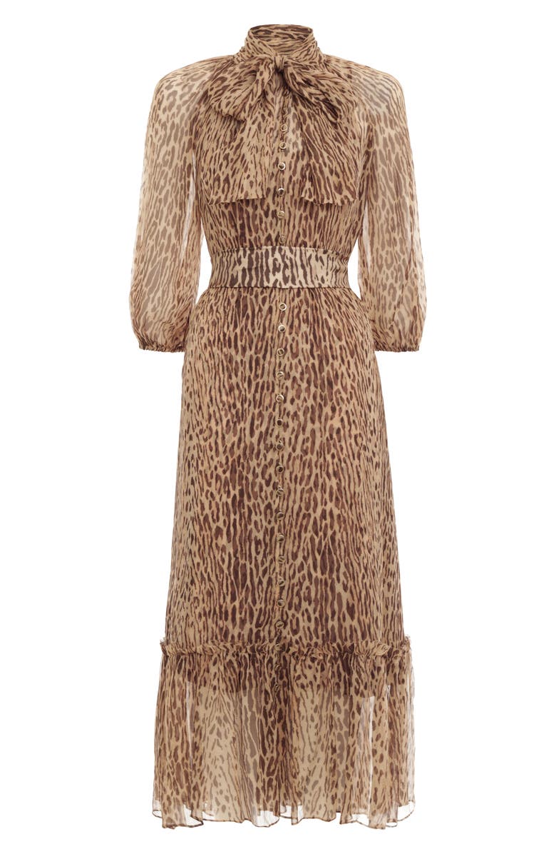 Zimmermann Espionage Leopard Print Tie Neck Silk Midi Dress, Alternate, color, 